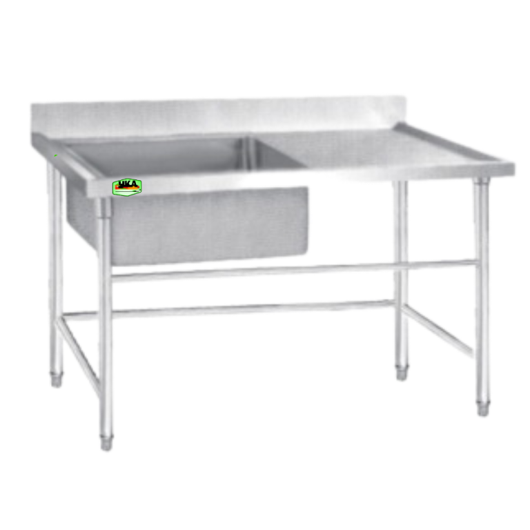 Single Bowl Sink HKABS1K CV. Hutama Karya Abadi, stainless steel 201/304, mangkuk 50x50x30 cm, adjustable feet, S/S open front bar pipe, ideal untuk dapur profesional, restoran, hotel, catering