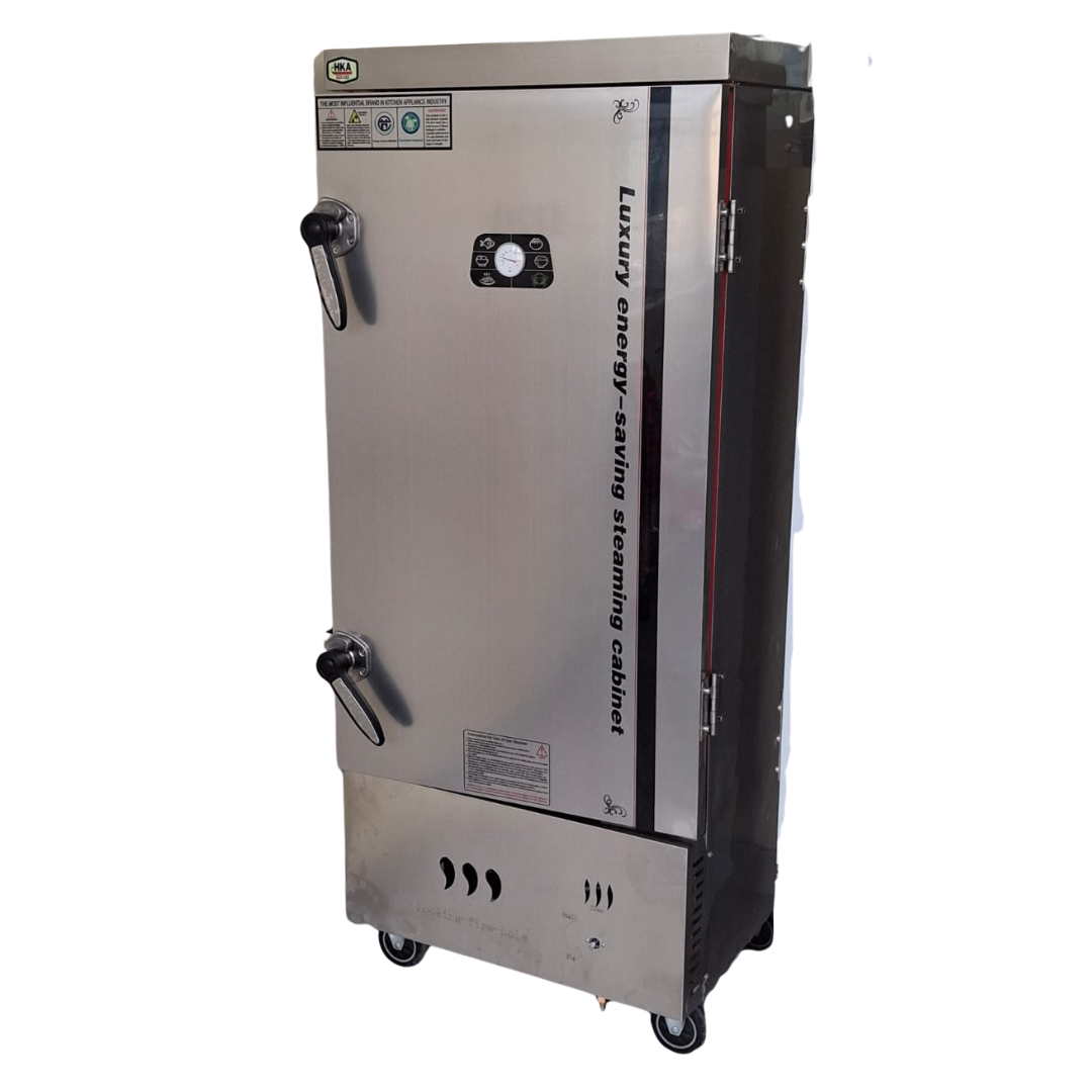 Rice Steamer, kapasitas 12 tray, handle door & castor wheels, low pressure. Cocok untuk dapur restoran, hotel, dan katering.