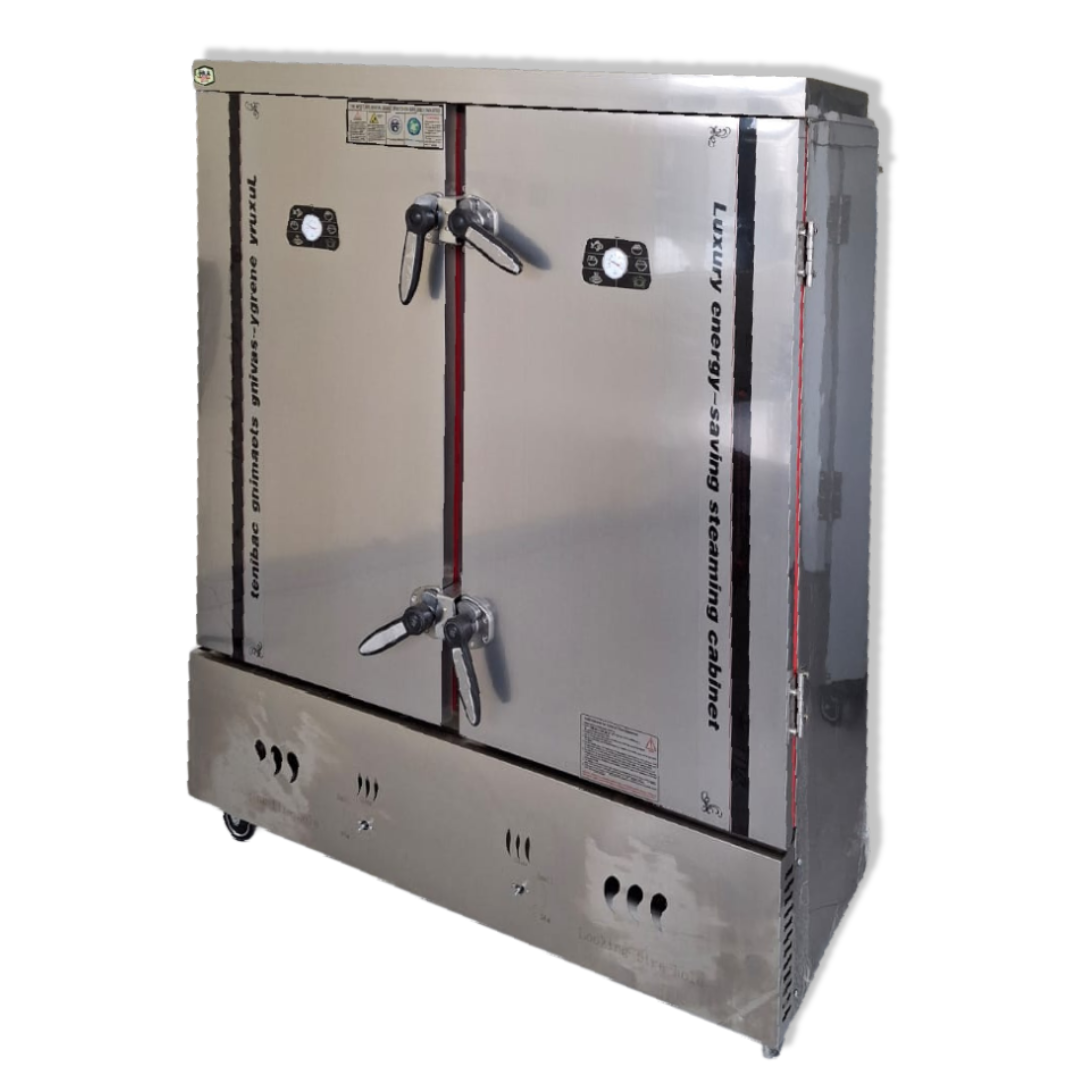 Rice Steamer, kapasitas 24 tray, handle door & castor wheels, low pressure. Cocok untuk dapur restoran, hotel, dan katering.