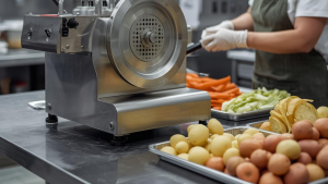 Fruit & vegetable cutter stainless steel digunakan di dapur MBG untuk memotong sayur dalam jumlah besar secara cepat dan rapi