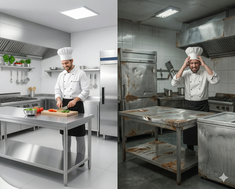 Perbandingan peralatan dapur stainless steel kualitas premium grade 304 dengan peralatan dapur murah yang berkarat.