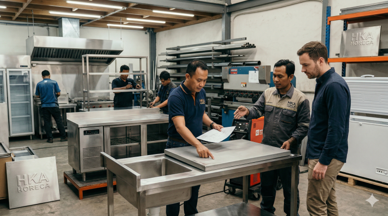 Tim ahli HKA Horeca mendiskusikan fabrikasi custom kitchen equipment stainless steel dengan klien restoran.